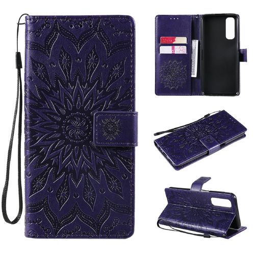 Saturcase Coque Pour Realme 7, Fleur Du Soleil Gaufrage Pu Cuir Magnétique Flip Portefeuille Support Porte-Carte Protecteur Housse Étui Avec Dragonne (Violet)