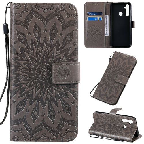 Saturcase Coque Pour Realme 5 / Realme 6i, Fleur Du Soleil Gaufrage Pu Cuir Magnétique Flip Portefeuille Support Porte-Carte Protecteur Housse Étui Avec Dragonne (Gris)