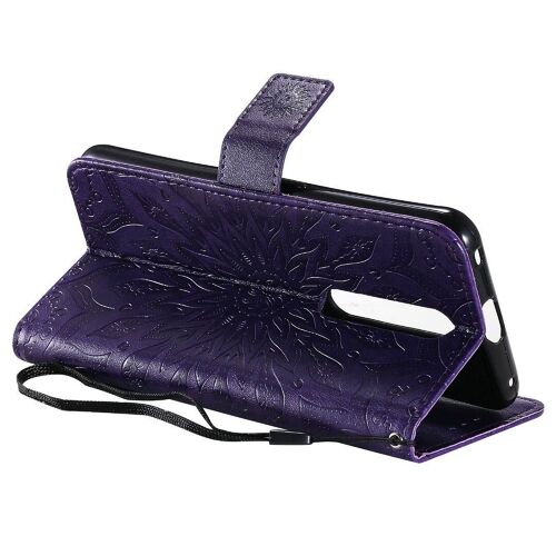Saturcase Coque Pour Oppo F11 Pro, Fleur Du Soleil Gaufrage Pu Cuir Magnétique Flip Portefeuille Support Porte-Carte Protecteur Housse Étui Avec Dragonne (Violet)