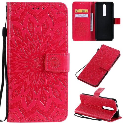 Saturcase Coque Pour Oppo F11 Pro, Fleur Du Soleil Gaufrage Pu Cuir Magnétique Flip Portefeuille Support Porte-Carte Protecteur Housse Étui Avec Dragonne (Rouge)