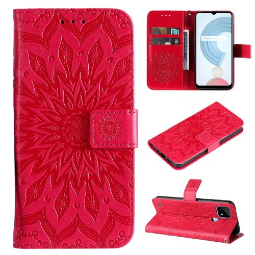 Saturcase Coque Pour Realme C21y, Fleur Du Soleil Gaufrage Pu Cuir Magnétique Flip Portefeuille Support Porte-Carte Protecteur Housse Étui Avec Dragonne (Rouge)