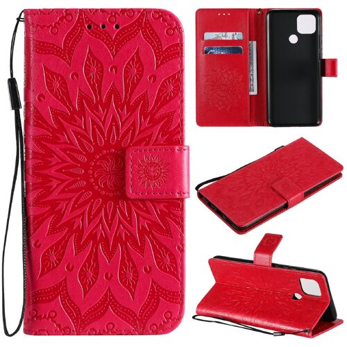 Saturcase Coque Pour Oppo A15 / A15s, Fleur Du Soleil Gaufrage Pu Cuir Magnétique Flip Portefeuille Support Porte-Carte Protecteur Housse Étui Avec Dragonne (Rouge)
