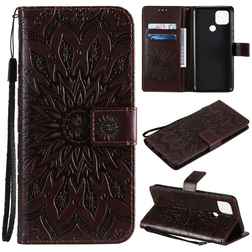 Saturcase Coque Pour Oppo A15 / A15s, Fleur Du Soleil Gaufrage Pu Cuir Magnétique Flip Portefeuille Support Porte-Carte Protecteur Housse Étui Avec Dragonne (Marron)