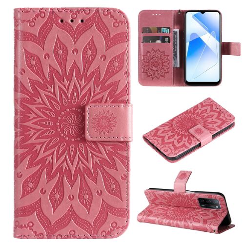 Saturcase Coque Pour Oppo A16, Fleur Du Soleil Gaufrage Pu Cuir Magnétique Flip Portefeuille Support Porte-Carte Protecteur Housse Étui Avec Dragonne (Pink)