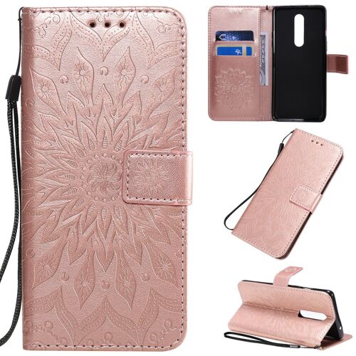 Saturcase Coque Pour Oneplus 8, Fleur Du Soleil Gaufrage Pu Cuir Magnétique Flip Portefeuille Support Porte-Carte Protecteur Housse Étui Avec Dragonne (Or Rose)