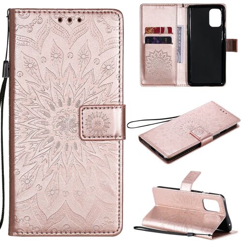 Saturcase Coque Pour Oneplus 8t, Fleur Du Soleil Gaufrage Pu Cuir Magnétique Flip Portefeuille Support Porte-Carte Protecteur Housse Étui Avec Dragonne (Or Rose)