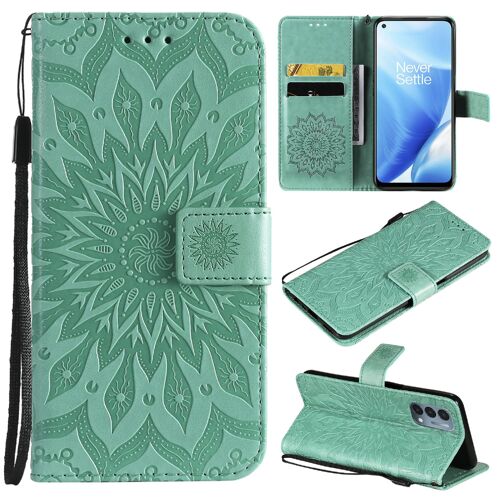 Saturcase Coque Pour Oneplus Nord N200 5g, Fleur Du Soleil Gaufrage Pu Cuir Magnétique Flip Portefeuille Support Porte-Carte Protecteur Housse Étui Avec Dragonne (Vert)