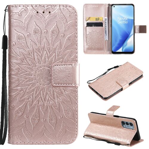 Saturcase Coque Pour Oneplus Nord N200 5g, Fleur Du Soleil Gaufrage Pu Cuir Magnétique Flip Portefeuille Support Porte-Carte Protecteur Housse Étui Avec Dragonne (Or Rose)
