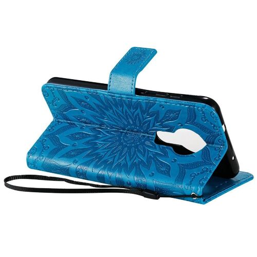 Saturcase Coque Pour Nokia 6.2 / 7.2, Fleur Du Soleil Gaufrage Pu Cuir Magnétique Flip Portefeuille Support Porte-Carte Protecteur Housse Étui Avec Dragonne (Bleu)