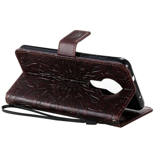 Saturcase Coque Pour Nokia 6.2 / 7.2, Fleur Du Soleil Gaufrage Pu Cuir Magnétique Flip Portefeuille Support Porte-Carte Protecteur Housse Étui Avec Dragonne (Marron)