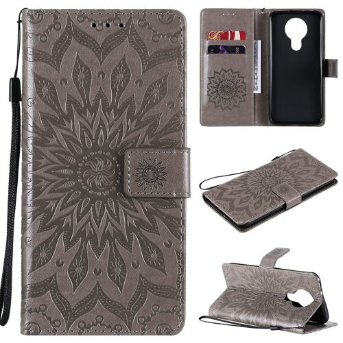 Saturcase Coque Pour Nokia 5.4, Fleur Du Soleil Gaufrage Pu Cuir Magnétique Flip Portefeuille Support Porte-Carte Protecteur Housse Étui Avec Dragonne (Gris)