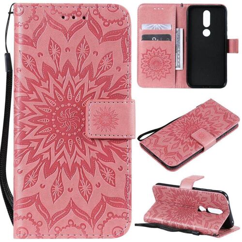 Saturcase Coque Pour Nokia 4.2, Fleur Du Soleil Gaufrage Pu Cuir Magnétique Flip Portefeuille Support Porte-Carte Protecteur Housse Étui Avec Dragonne (Pink)
