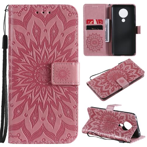 Saturcase Coque Pour Nokia 5.3, Fleur Du Soleil Gaufrage Pu Cuir Magnétique Flip Portefeuille Support Porte-Carte Protecteur Housse Étui Avec Dragonne (Pink)