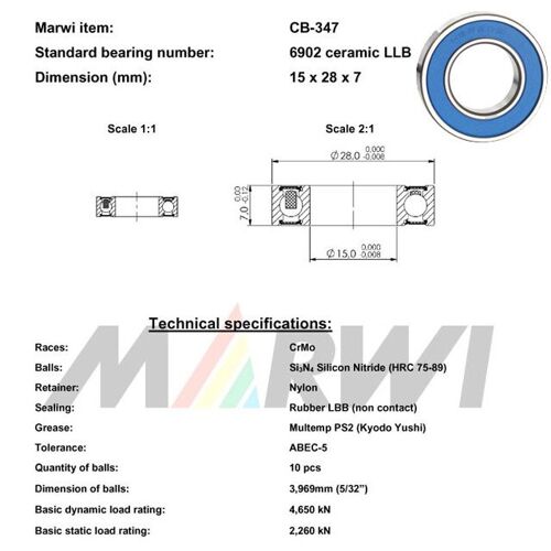 Roulement Ceramique 6902 Llb 15x28x7 Cb347 Cb-347