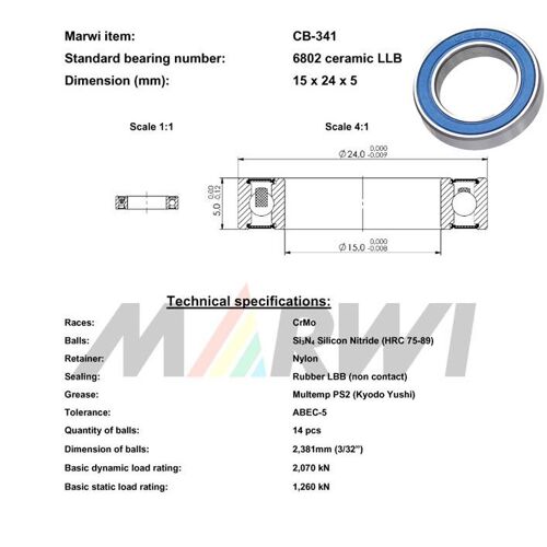 Roulement Ceramique 6802 Llb 15x24x5 Cb341 Cb-341