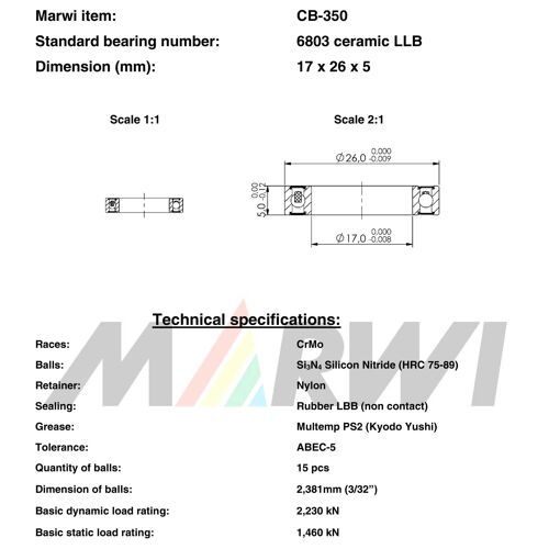 Roulement Ceramique 6803 Llb 17x26x5 Cb350 Cb-350