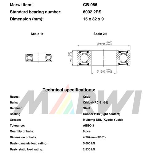 Roulement 6002 2rs 15x32x9 Cb086 Cb-086