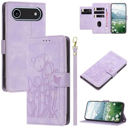 Coque pour iPhone Air, Étui en Cuir Embossé Tulipes avec Lanière - Élégant et Pratique - Violet