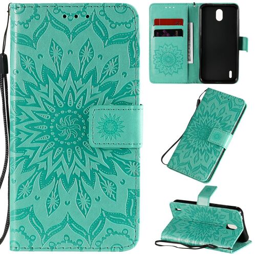 Saturcase Coque Pour Nokia 1.3, Fleur Du Soleil Gaufrage Pu Cuir Magnétique Flip Portefeuille Support Porte-Carte Protecteur Housse Étui Avec Dragonne (Vert)