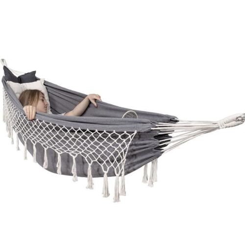 Hamac Double - Springos - Gris - 200 X 150 Cm - 200 Kg - Avec Franges