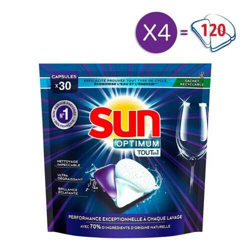 SUN - Lot de 4 x 30 Capsules Lave-Vaisselle Optimum Tout en 1 (120 lavages)