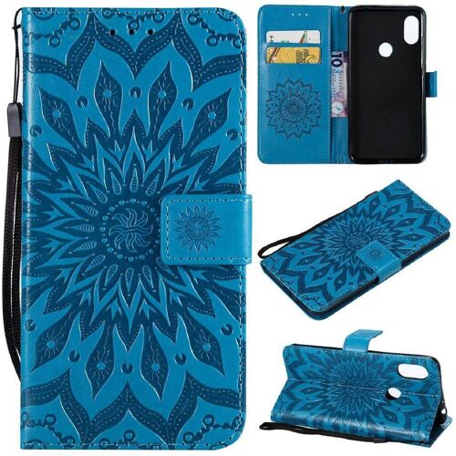 Saturcase Coque Pour Xiaomi Redmi Note 6 Pro, Fleur Du Soleil Gaufrage Pu Cuir Magnétique Flip Portefeuille Support Porte-Carte Protecteur Housse Étui Avec Dragonne (Bleu)