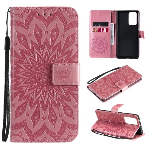 Saturcase Coque Pour Xiaomi Redmi Note 10 Pro, Fleur Du Soleil Gaufrage Pu Cuir Magnétique Flip Portefeuille Support Porte-Carte Protecteur Housse Étui Avec Dragonne (Pink)