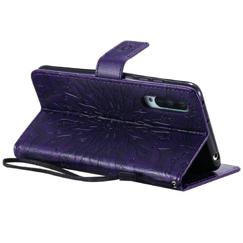 Saturcase Coque Pour Xiaomi Mi 9 Lite, Fleur Du Soleil Gaufrage Pu Cuir Magnétique Flip Portefeuille Support Porte-Carte Protecteur Housse Étui Avec Dragonne (Violet)