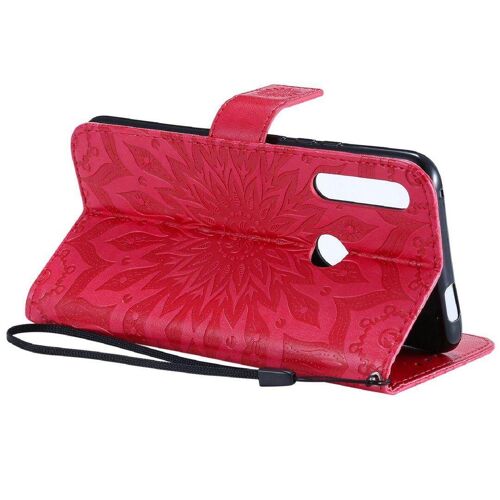 Saturcase Coque Pour Huawei P Smart Z, Fleur Du Soleil Gaufrage Pu Cuir Magnétique Flip Portefeuille Support Porte-Carte Protecteur Housse Étui Avec Dragonne (Rouge)