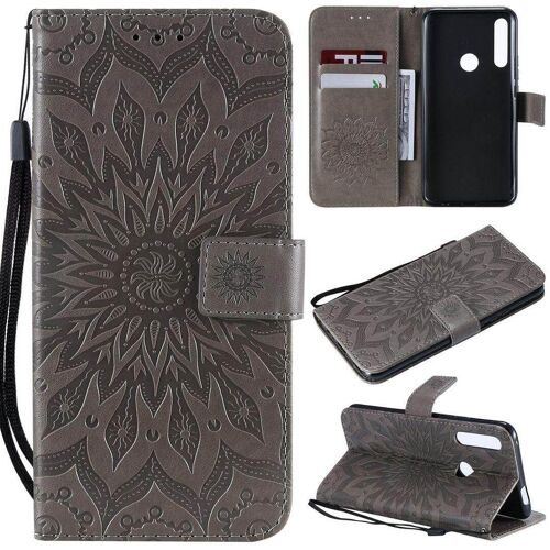 Saturcase Coque Pour Huawei P Smart Z, Fleur Du Soleil Gaufrage Pu Cuir Magnétique Flip Portefeuille Support Porte-Carte Protecteur Housse Étui Avec Dragonne (Gris)