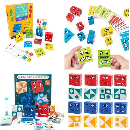 Jouets Éducatifs Montessori En Bois, Puzzle D'expression En Bois, Blocs De Construction D'entraînement À La Pensée Logique, Changement De Visage