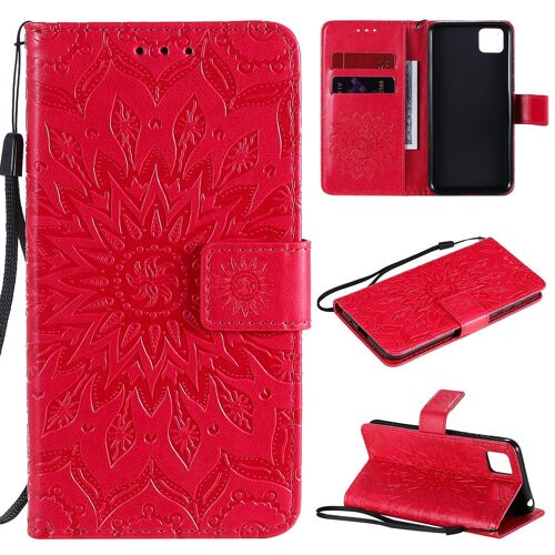 Saturcase Coque Pour Huawei Y5p, Fleur Du Soleil Gaufrage Pu Cuir Magnétique Flip Portefeuille Support Porte-Carte Protecteur Housse Étui Avec Dragonne (Rouge)