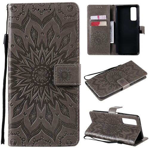 Saturcase Coque Pour Huawei P Smart 2021, Fleur Du Soleil Gaufrage Pu Cuir Magnétique Flip Portefeuille Support Porte-Carte Protecteur Housse Étui Avec Dragonne (Gris)