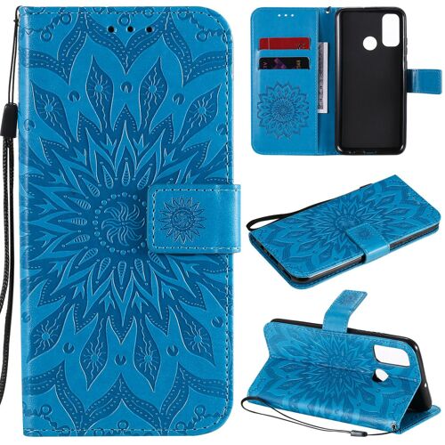 Saturcase Coque Pour Huawei P Smart 2020, Fleur Du Soleil Gaufrage Pu Cuir Magnétique Flip Portefeuille Support Porte-Carte Protecteur Housse Étui Avec Dragonne (Bleu)