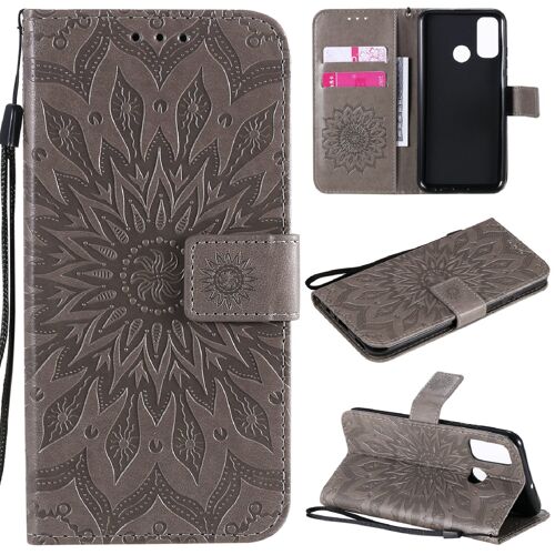 Saturcase Coque Pour Huawei P Smart 2020, Fleur Du Soleil Gaufrage Pu Cuir Magnétique Flip Portefeuille Support Porte-Carte Protecteur Housse Étui Avec Dragonne (Gris)