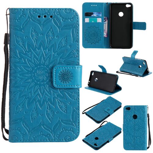 Saturcase Coque Pour Huawei P8 Lite 2017, Fleur Du Soleil Gaufrage Pu Cuir Magnétique Flip Portefeuille Support Porte-Carte Protecteur Housse Étui Avec Dragonne (Bleu)