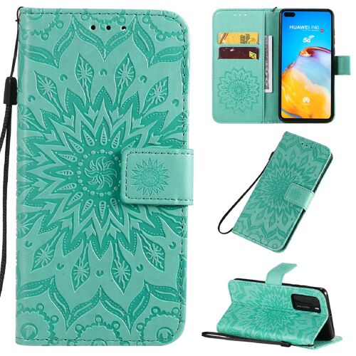 Saturcase Coque Pour Huawei P40, Fleur Du Soleil Gaufrage Pu Cuir Magnétique Flip Portefeuille Support Porte-Carte Protecteur Housse Étui Avec Dragonne (Vert)