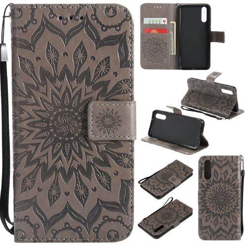 Saturcase Coque Pour Huawei P20, Fleur Du Soleil Gaufrage Pu Cuir Magnétique Flip Portefeuille Support Porte-Carte Protecteur Housse Étui Avec Dragonne (Gris)