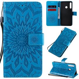 Saturcase Coque Pour Huawei P40 Lite E, Fleur Du Soleil Gaufrage Pu Cuir Magnétique Flip Portefeuille Support Porte-Carte Protecteur Housse Étui Avec Dragonne (Bleu)