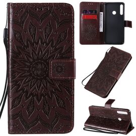 Saturcase Coque Pour Huawei P40 Lite E, Fleur Du Soleil Gaufrage Pu Cuir Magnétique Flip Portefeuille Support Porte-Carte Protecteur Housse Étui Avec Dragonne (Marron)