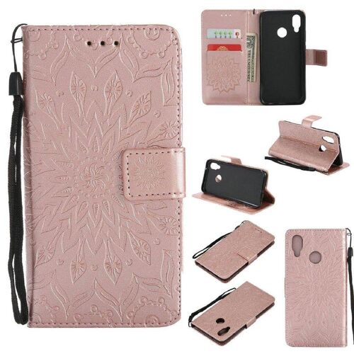 Saturcase Coque Pour Huawei P20 Lite, Fleur Du Soleil Gaufrage Pu Cuir Magnétique Flip Portefeuille Support Porte-Carte Protecteur Housse Étui Avec Dragonne (Or Rose)