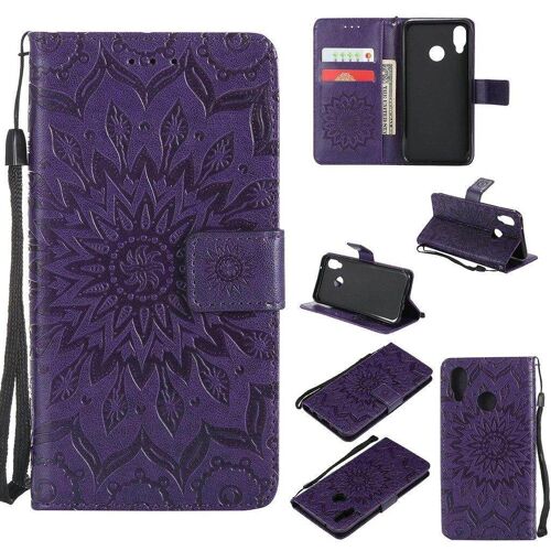 Saturcase Coque Pour Huawei P20 Lite, Fleur Du Soleil Gaufrage Pu Cuir Magnétique Flip Portefeuille Support Porte-Carte Protecteur Housse Étui Avec Dragonne (Violet)