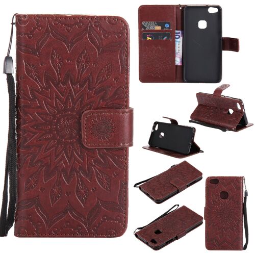 Saturcase Coque Pour Huawei P10 Lite, Fleur Du Soleil Gaufrage Pu Cuir Magnétique Flip Portefeuille Support Porte-Carte Protecteur Housse Étui Avec Dragonne (Marron)