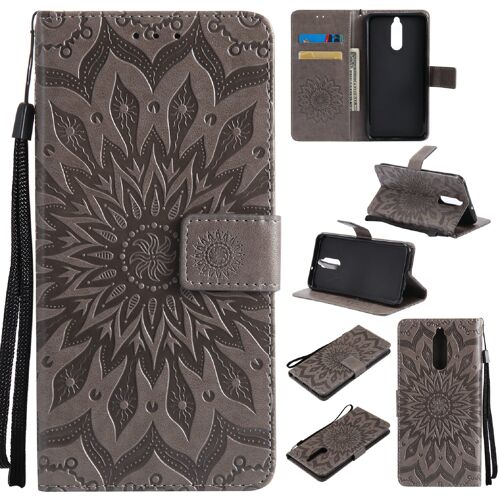 Saturcase Coque Pour Huawei Mate 10 Lite, Fleur Du Soleil Gaufrage Pu Cuir Magnétique Flip Portefeuille Support Porte-Carte Protecteur Housse Étui Avec Dragonne (Gris)