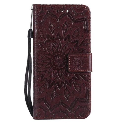 Saturcase Coque Pour Huawei Y6 2018 / Honor 7a, Fleur Du Soleil Gaufrage Pu Cuir Magnétique Flip Portefeuille Support Porte-Carte Protecteur Housse Étui Avec Dragonne (Marron)