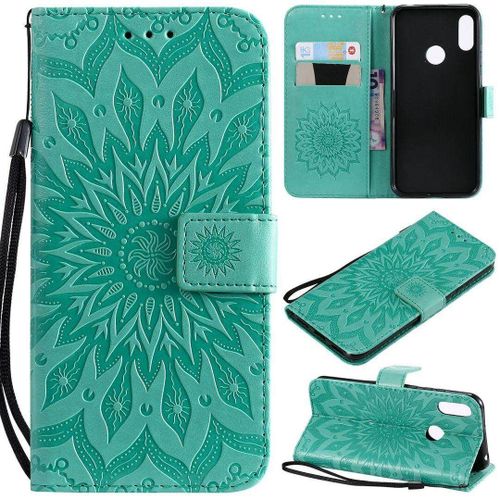 Saturcase Coque Pour Huawei Y6 2019 / Honor 8a, Fleur Du Soleil Gaufrage Pu Cuir Magnétique Flip Portefeuille Support Porte-Carte Protecteur Housse Étui Avec Dragonne (Vert)