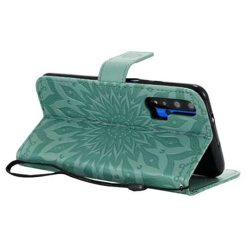 Saturcase Coque Pour Huawei Nova 5t, Fleur Du Soleil Gaufrage Pu Cuir Magnétique Flip Portefeuille Support Porte-Carte Protecteur Housse Étui Avec Dragonne (Vert)