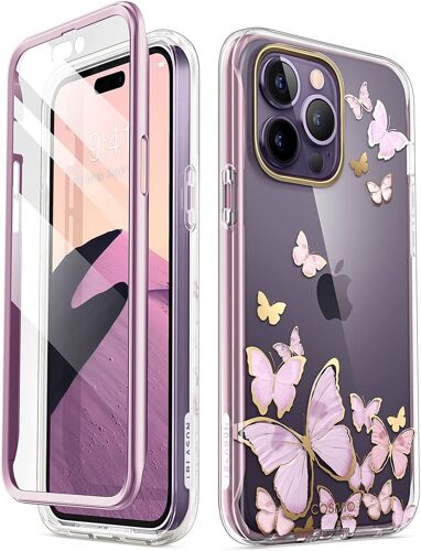 Coque Pour Iphone 14 Pro Max (2022) 6,7 Pouces, Avec Protecteur D'ecran Integre [Serie Cosmo] Design Motif Housse Paillette Protection Integrale 360 (Papillon Violet)
