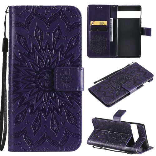 Saturcase Coque Pour Google Pixel 6, Fleur Du Soleil Gaufrage Pu Cuir Magnétique Flip Portefeuille Support Porte-Carte Protecteur Housse Étui Avec Dragonne (Violet)