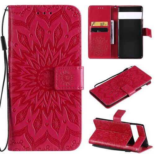 Saturcase Coque Pour Google Pixel 6, Fleur Du Soleil Gaufrage Pu Cuir Magnétique Flip Portefeuille Support Porte-Carte Protecteur Housse Étui Avec Dragonne (Rouge)